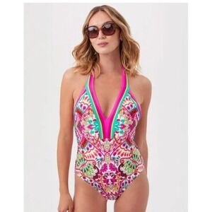 Trina Turk Multicolor Paisley Plunge Halter‎ One Piece Swimsuit - Size 14 NEW